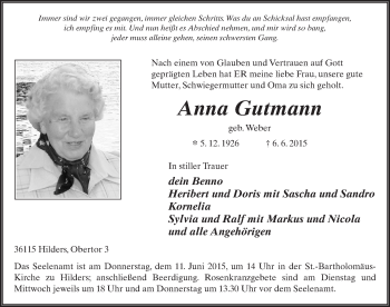 Traueranzeige von Anna Gutmann 
