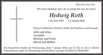Traueranzeige von Hedwig Roth 