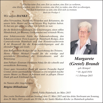 Traueranzeige von Margarete Brandt 
