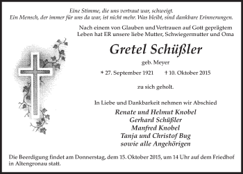 Traueranzeige von Gretel Schüßler 