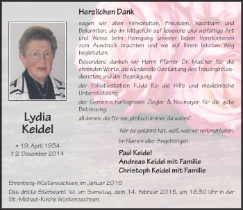 Traueranzeige von Lydia Keidel 