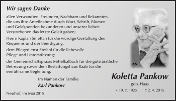 Traueranzeige von Koletta Pankow 