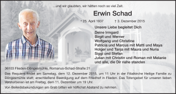 Traueranzeige von Erwin Schad 