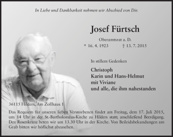 Traueranzeige von Josef Fürtsch 