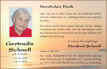 Traueranzeige von Gertrudis Schnell 
