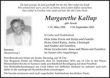 Traueranzeige von Margarethe Kallup 