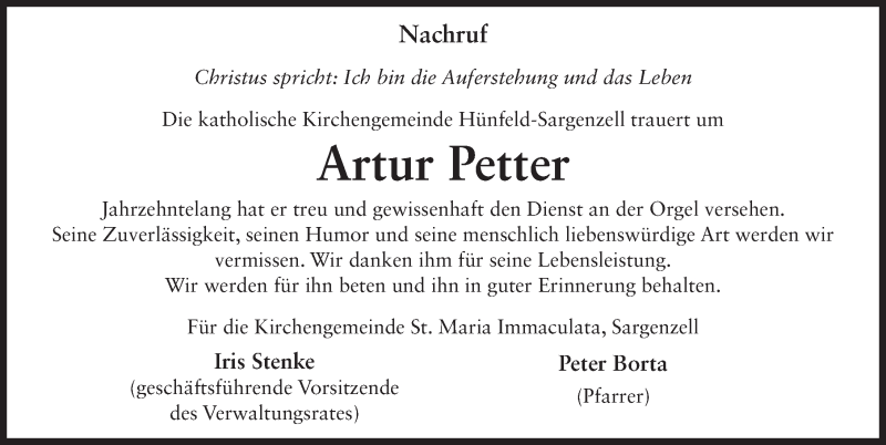  Traueranzeige für Artur Petter vom 16.01.2015 aus 