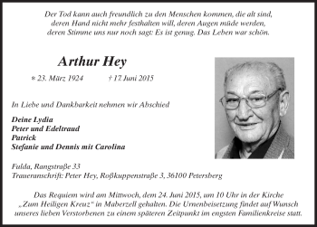 Traueranzeige von Arthur Hey 
