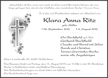 Traueranzeige von Klara Anna Ritz 