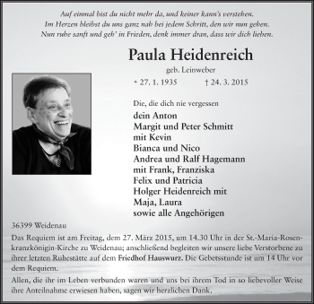 Traueranzeige von Paula Heidenreich 