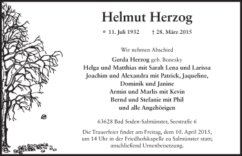 Traueranzeige von Helmut Herzog 