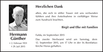 Traueranzeige von Hermann Günther 