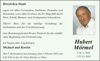 Traueranzeige von Hubert Mörmel 