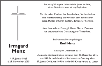 Traueranzeige von Irmgard Menz 