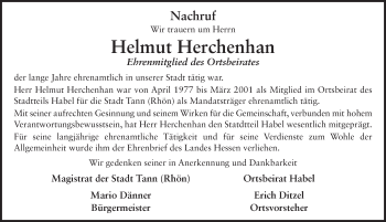 Traueranzeige von Helmut Herchenhan 