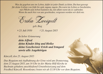 Traueranzeige von Erika Zweigelt 