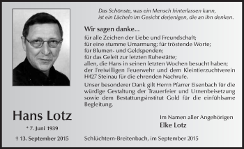 Traueranzeige von Hans Lotz 