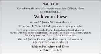 Traueranzeige von Waldemar Liese 