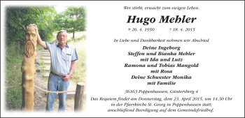 Traueranzeige von Hugo Mehler 