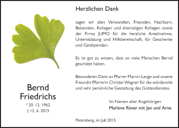 Traueranzeige von Bernd Friedrichs 