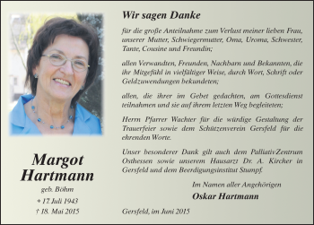 Traueranzeige von Margot Hartmann 