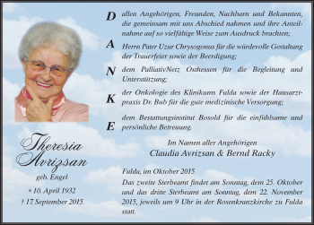 Traueranzeige von Theresia Avirzsan 