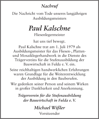 Traueranzeige von Paul Kalschne 