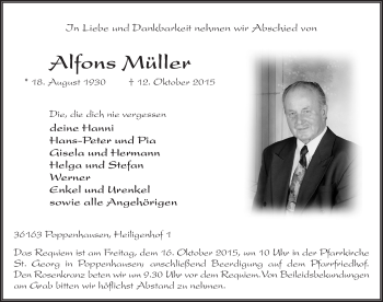 Traueranzeige von Alfons Müller 