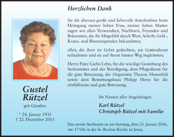 Traueranzeige von Gustel Rützel 