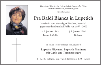 Traueranzeige von Pra Baldi Bianca in Lupetich 