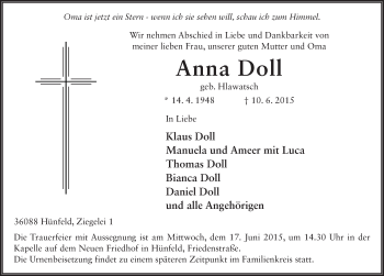 Traueranzeige von Anna Doll 