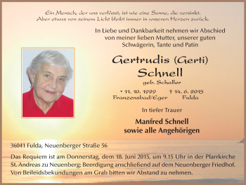 Traueranzeige von Gertrudis Schnell 