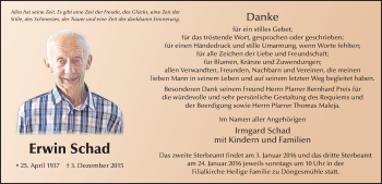 Traueranzeige von Erwin Schad 