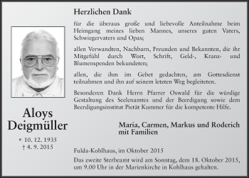 Traueranzeige von Aloys Deigmüller 