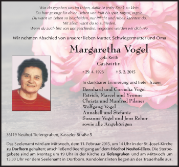 Traueranzeige von Margaretha Vogel 