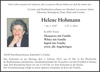 Traueranzeige von Helene Hohmann 