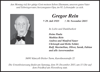 Traueranzeige von Gregor Rein 