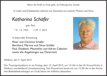 Traueranzeige von Katharina Schäfer 