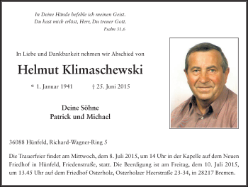 Traueranzeige von Helmut Klimaschewski 