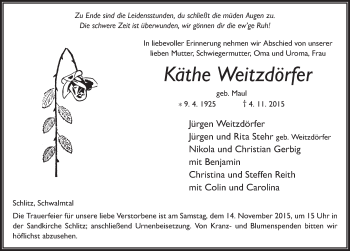 Traueranzeige von Käthe Weitzdörfer von Fuldaer Zeitung