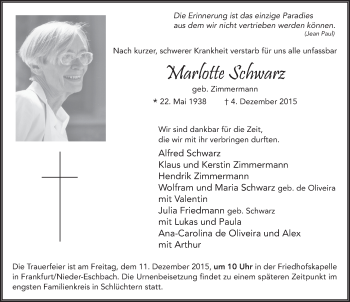 Traueranzeige von Marlotte Schwarz 