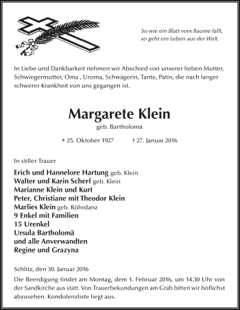 Traueranzeige von Margarete Klein 