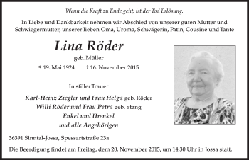 Traueranzeige von Lina Röder 