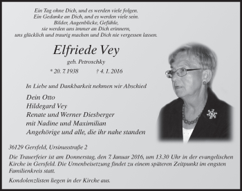 Traueranzeige von Elfriede Vey 
