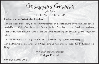 Traueranzeige von Margaretha Mathiak 