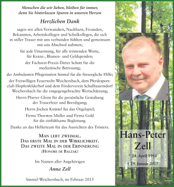 Traueranzeige von Hans-Peter Zell 