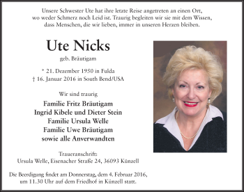 Traueranzeige von Ute Nicks 