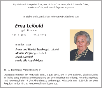 Traueranzeige von Erna Leibold 