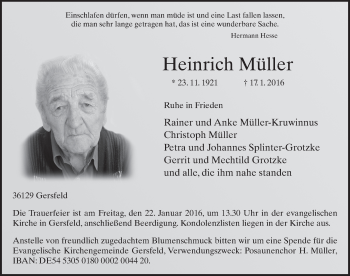 Traueranzeige von Heinrich Müller 