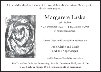 Traueranzeige von Margarete Laska 